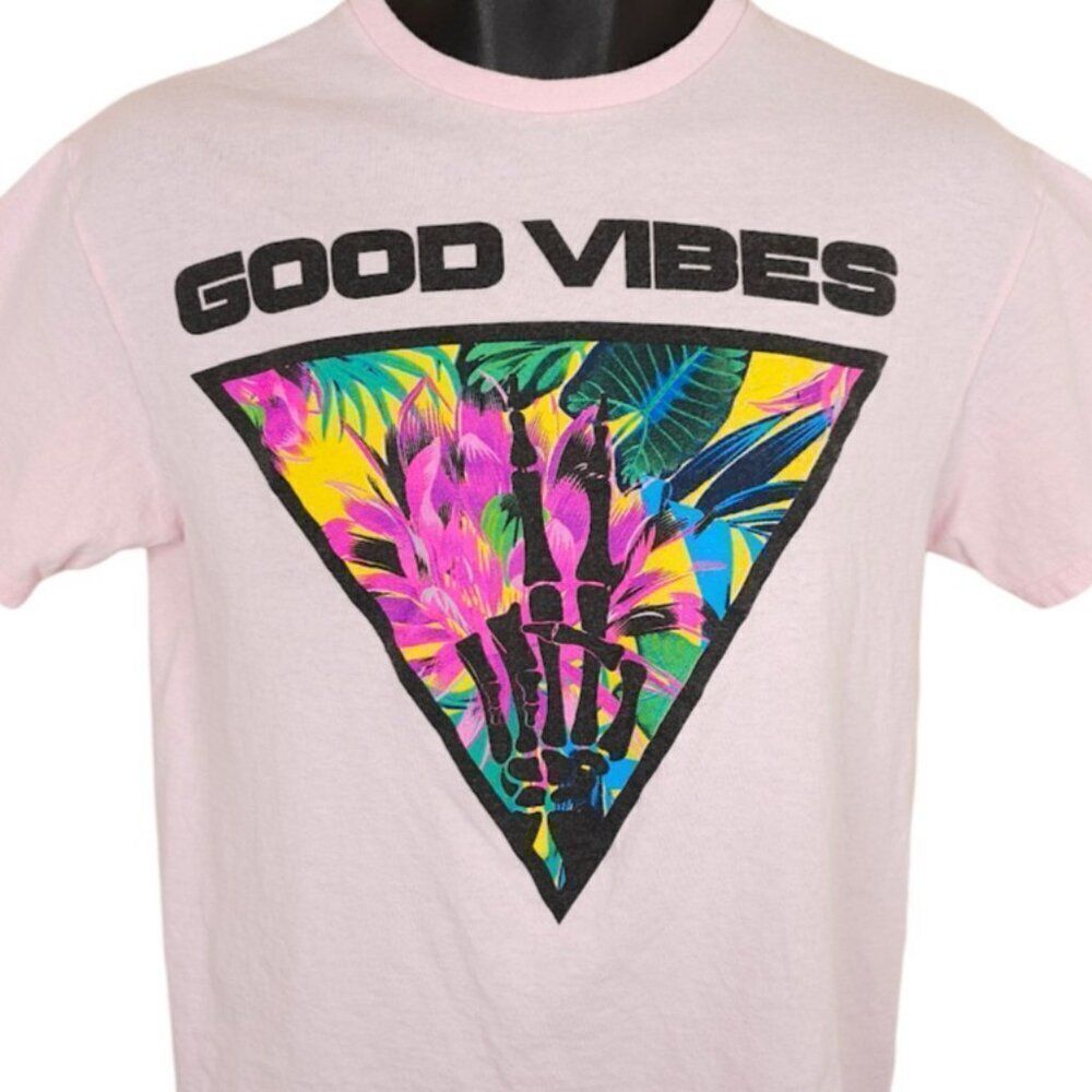 Good Vibes T Shirt Mens Size Medium Pink Surfer Surf & Skate Skeleton Floral